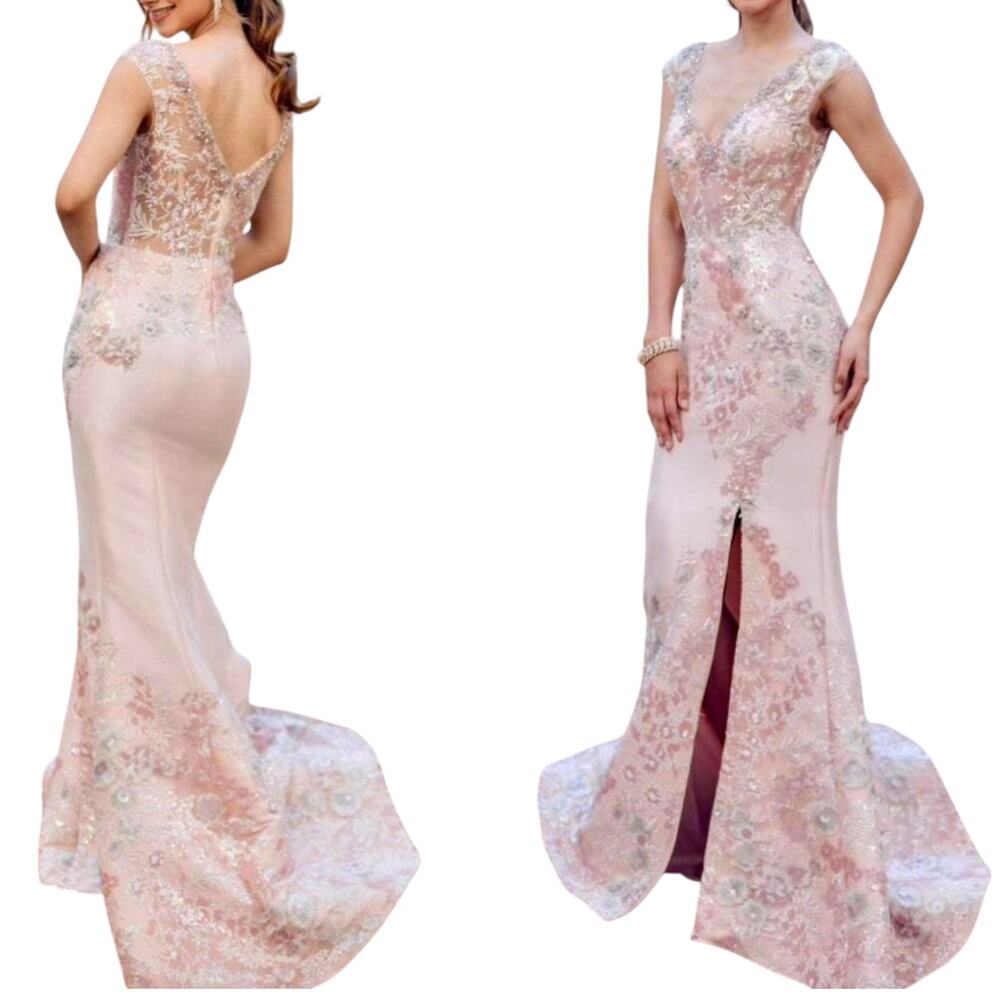 Terani Couture Blush Floral Embroidered Gown V-Neck Sequins Size 10